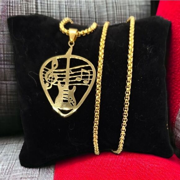 Guitar Pick Pendant Gold Stainless Steel Necklace Guitarist Gift Band Player - Picture 1 of 9